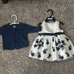 Fancy ivory and navy infant dress and cardigan. 9M